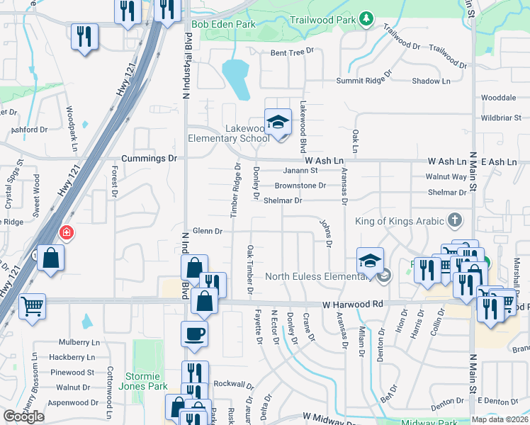 map of restaurants, bars, coffee shops, grocery stores, and more near 803 Boxwood Court in Euless