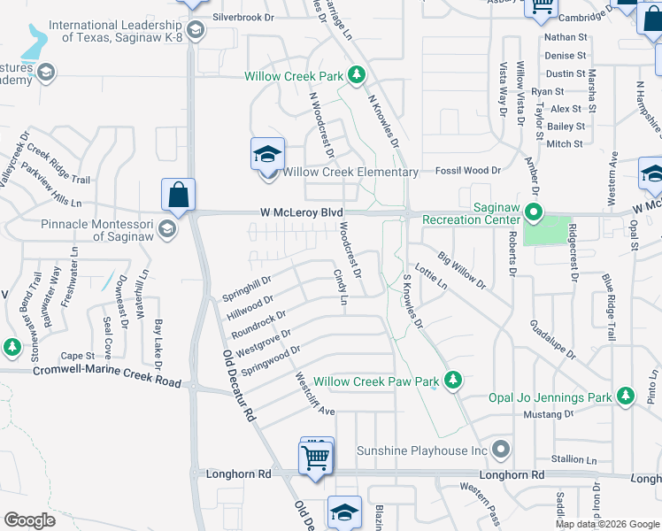 map of restaurants, bars, coffee shops, grocery stores, and more near 1036 Hillwood Drive in Saginaw