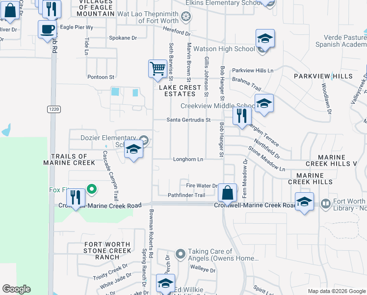 map of restaurants, bars, coffee shops, grocery stores, and more near 6513 Marvin Brown Street in Fort Worth