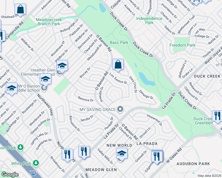 map of restaurants, bars, coffee shops, grocery stores, and more near 5006 Willowhaven Circle in Garland
