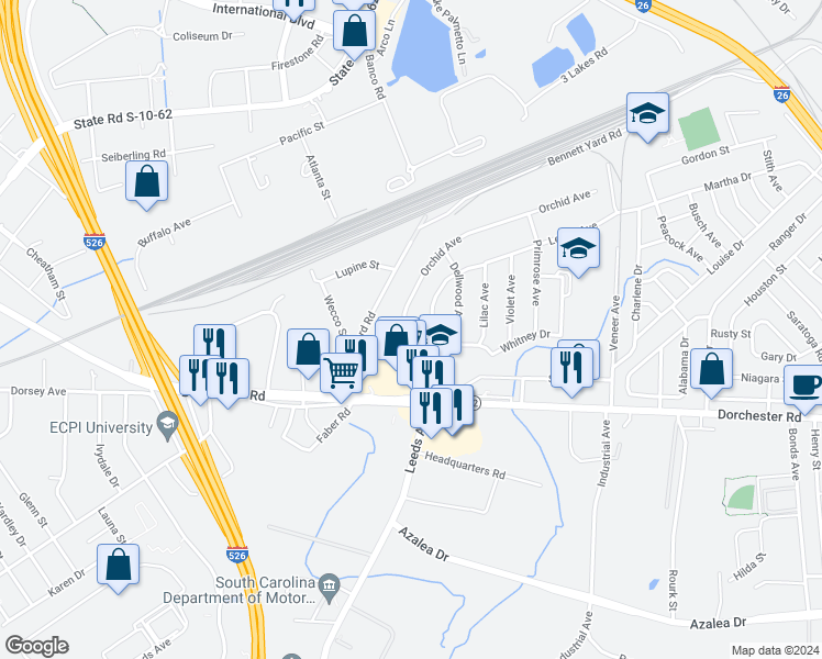 map of restaurants, bars, coffee shops, grocery stores, and more near 4403 Spur Street in North Charleston