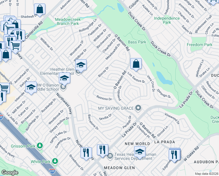 map of restaurants, bars, coffee shops, grocery stores, and more near 5338 Heather Glen Drive in Garland