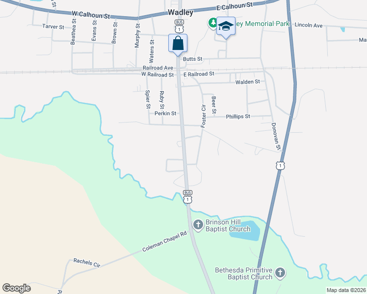 map of restaurants, bars, coffee shops, grocery stores, and more near 220 South Main Street in Wadley