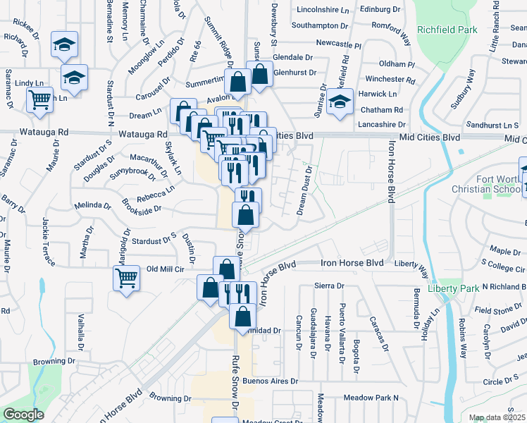 map of restaurants, bars, coffee shops, grocery stores, and more near 6708 Dream Dust Drive in North Richland Hills