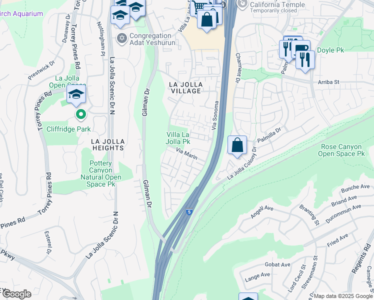 map of restaurants, bars, coffee shops, grocery stores, and more near 3252 Via Marin in San Diego