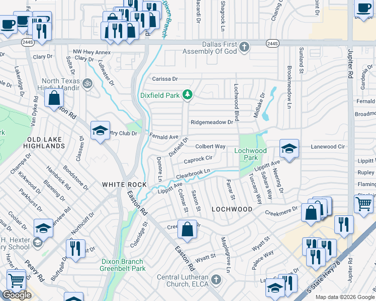 map of restaurants, bars, coffee shops, grocery stores, and more near 10817 Caprock Circle in Dallas