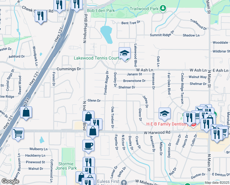 map of restaurants, bars, coffee shops, grocery stores, and more near 806 Boxwood Court in Euless