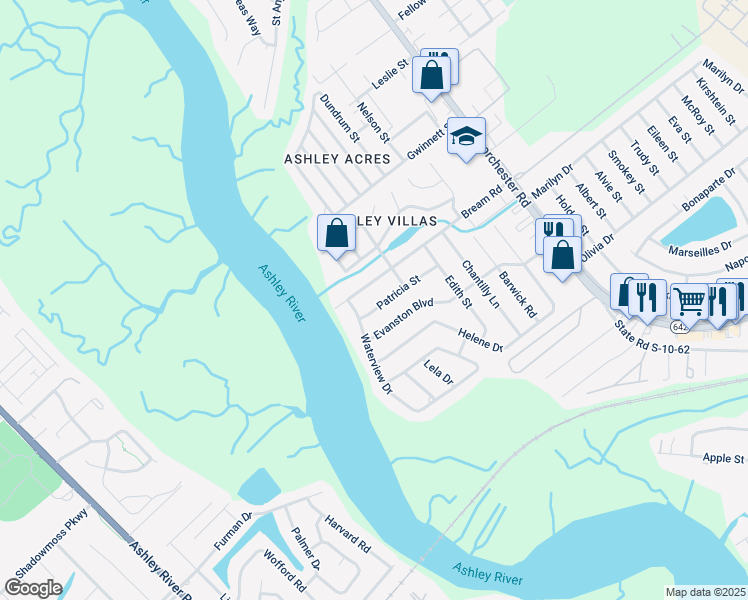 map of restaurants, bars, coffee shops, grocery stores, and more near 4340 Evanston Boulevard in North Charleston