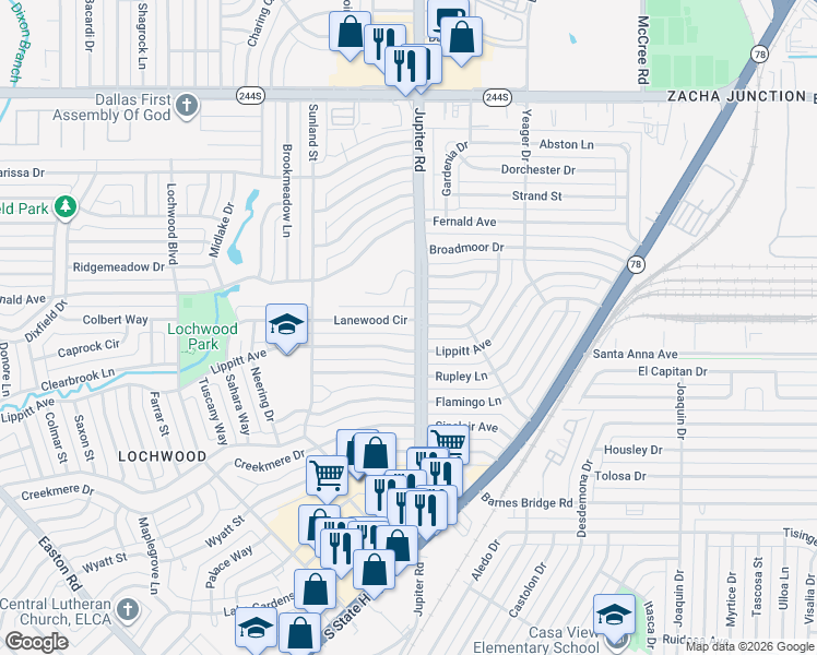 map of restaurants, bars, coffee shops, grocery stores, and more near 11367 Lippitt Avenue in Dallas