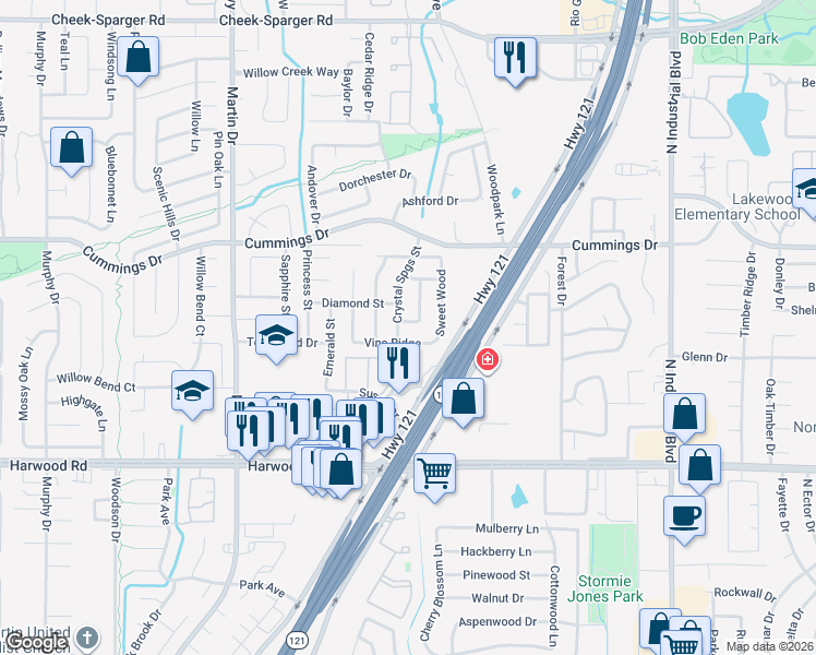 map of restaurants, bars, coffee shops, grocery stores, and more near 3409 Vine Ridge in Bedford