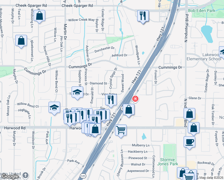 map of restaurants, bars, coffee shops, grocery stores, and more near 3409 Vine Ridge in Bedford