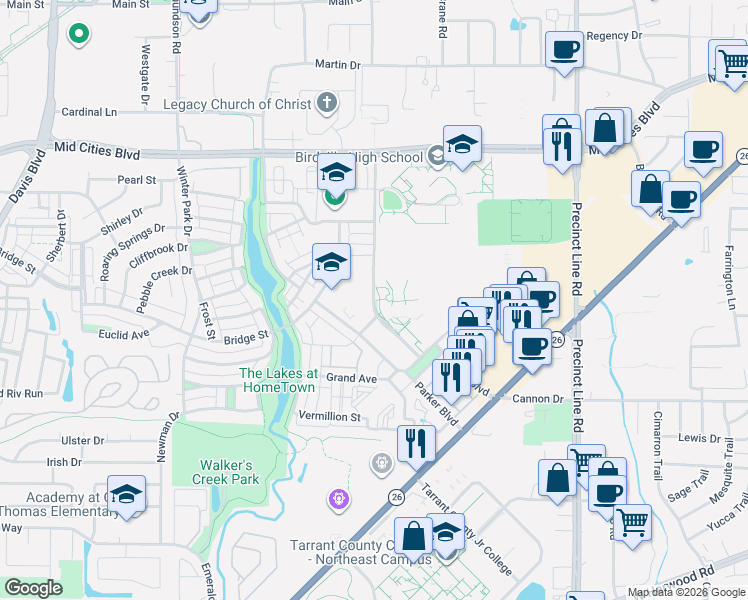 map of restaurants, bars, coffee shops, grocery stores, and more near 8950 Hawk Avenue in North Richland Hills