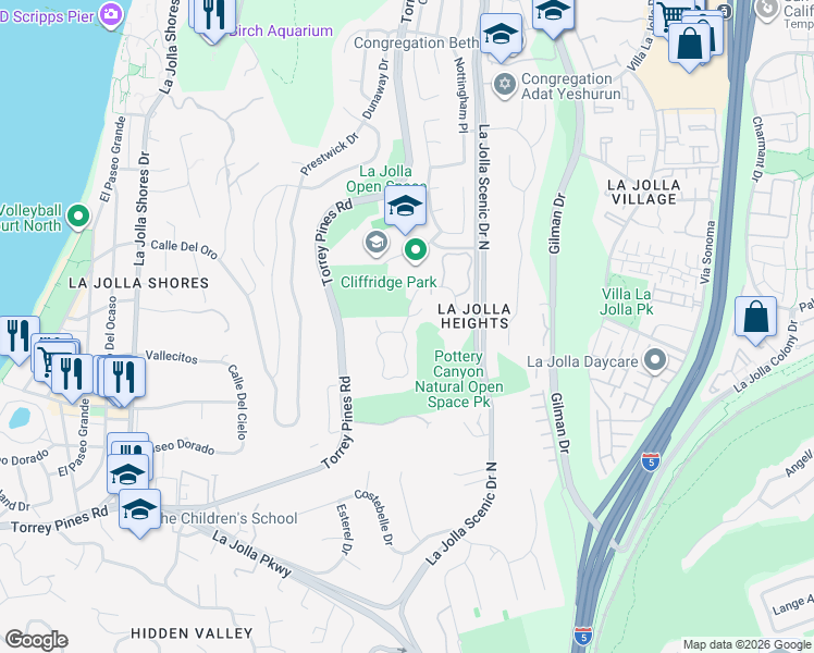 map of restaurants, bars, coffee shops, grocery stores, and more near 8215 Caminito Lacayo in San Diego