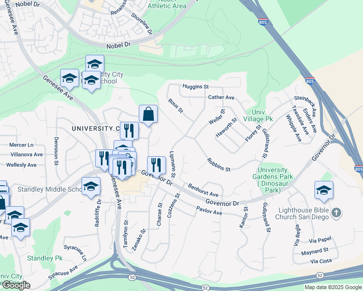 map of restaurants, bars, coffee shops, grocery stores, and more near 6737 Lipmann Street in San Diego