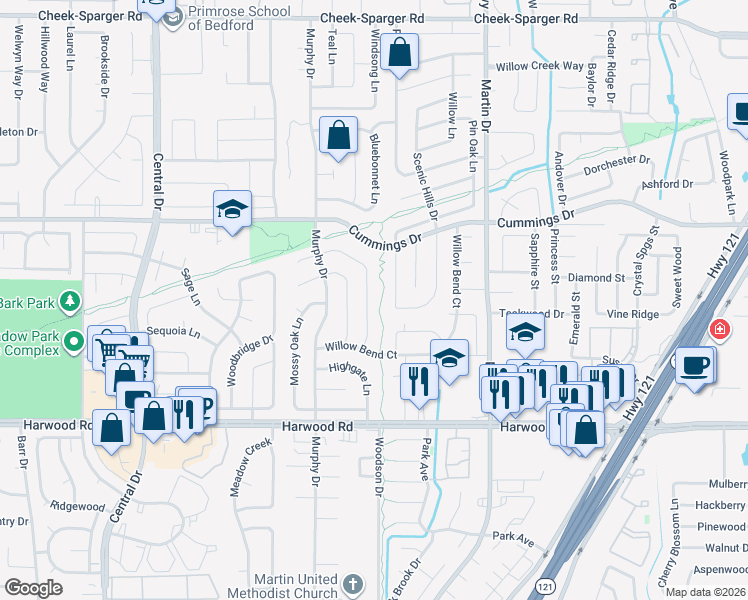 map of restaurants, bars, coffee shops, grocery stores, and more near 3124 Meadow Wood Lane in Bedford