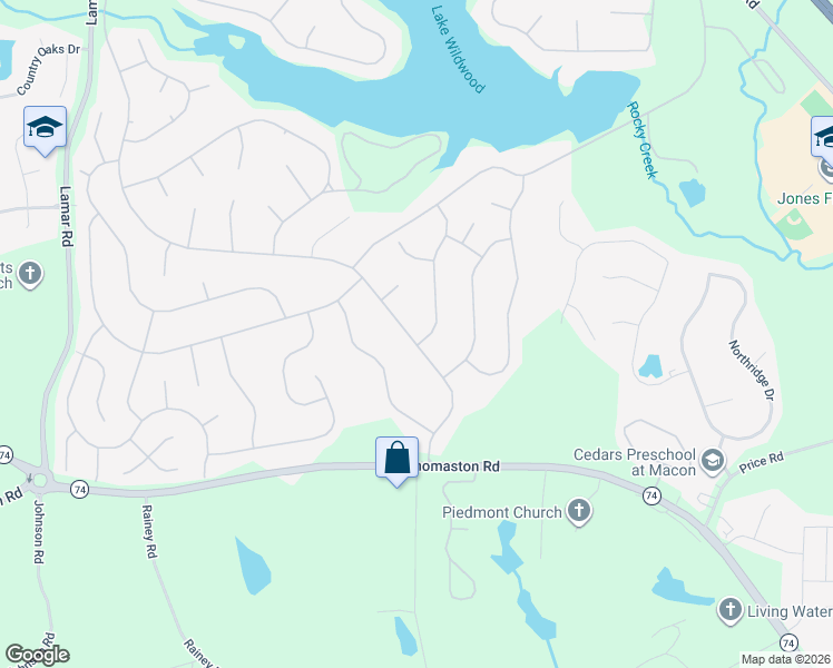 map of restaurants, bars, coffee shops, grocery stores, and more near 1192 Waluhiyi Trail in Macon