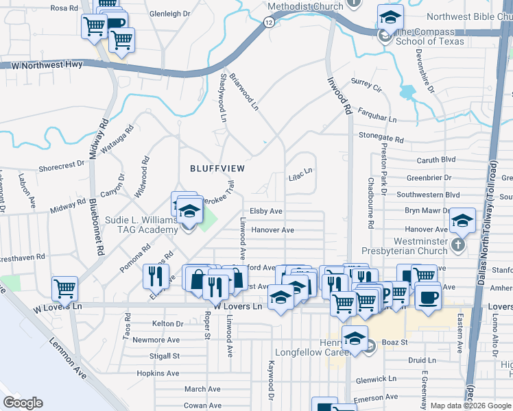 map of restaurants, bars, coffee shops, grocery stores, and more near 4906 Elsby Avenue in Dallas