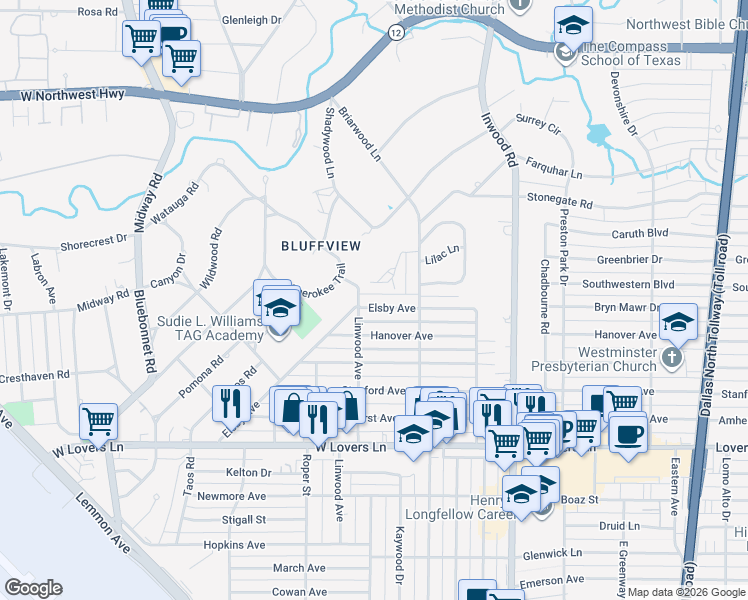 map of restaurants, bars, coffee shops, grocery stores, and more near 4906 Elsby Avenue in Dallas