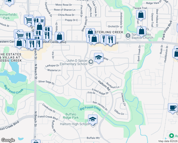 map of restaurants, bars, coffee shops, grocery stores, and more near 4285 Estes Park Road in Haltom City