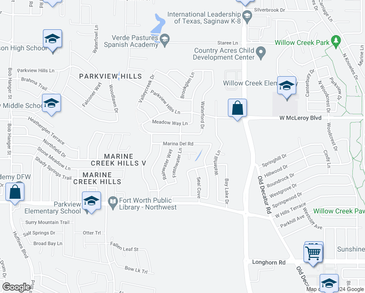 map of restaurants, bars, coffee shops, grocery stores, and more near 4841 Marina Del Road in Fort Worth