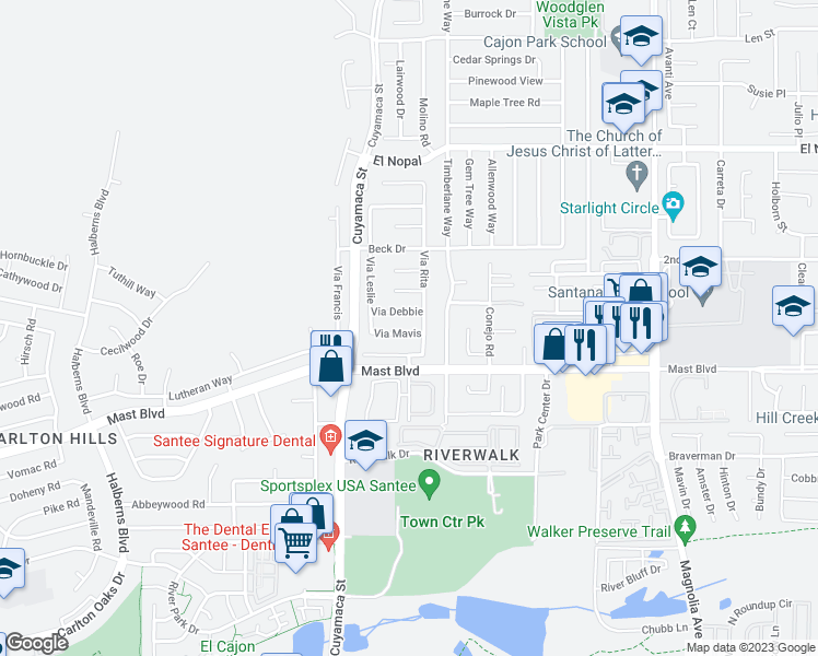 map of restaurants, bars, coffee shops, grocery stores, and more near 9946 Via Mavis in Santee