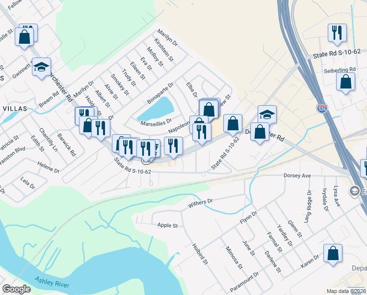 map of restaurants, bars, coffee shops, grocery stores, and more near 5116 Marginal Street in North Charleston