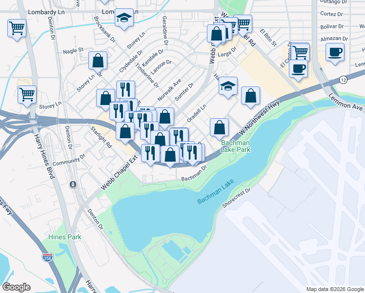map of restaurants, bars, coffee shops, grocery stores, and more near 9400 Ovella Avenue in Dallas