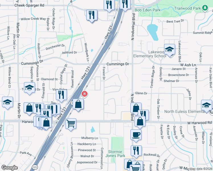 map of restaurants, bars, coffee shops, grocery stores, and more near 3800 Periwinkle Street in Bedford