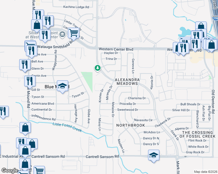 map of restaurants, bars, coffee shops, grocery stores, and more near 6204 Kristen Drive in Fort Worth