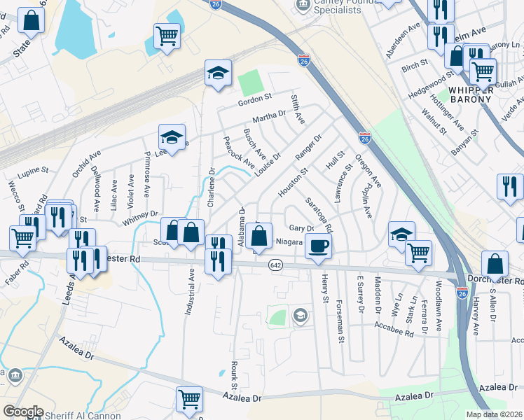 map of restaurants, bars, coffee shops, grocery stores, and more near 2812 Houston Street in North Charleston