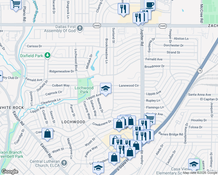 map of restaurants, bars, coffee shops, grocery stores, and more near 11239 Lippitt Avenue in Dallas