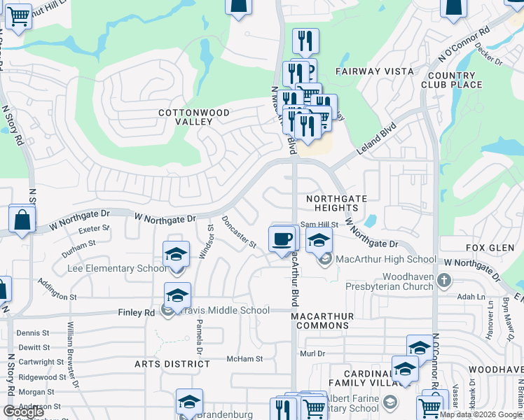 map of restaurants, bars, coffee shops, grocery stores, and more near 1210 West Farnham Court in Irving