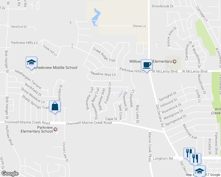 map of restaurants, bars, coffee shops, grocery stores, and more near 4841 Marina Del Road in Fort Worth