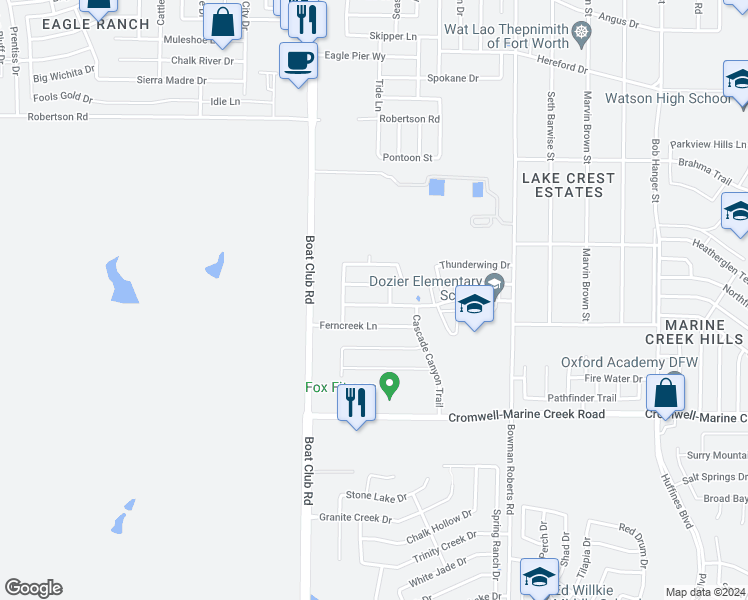 map of restaurants, bars, coffee shops, grocery stores, and more near 6340 Redeagle Creek Drive in Fort Worth