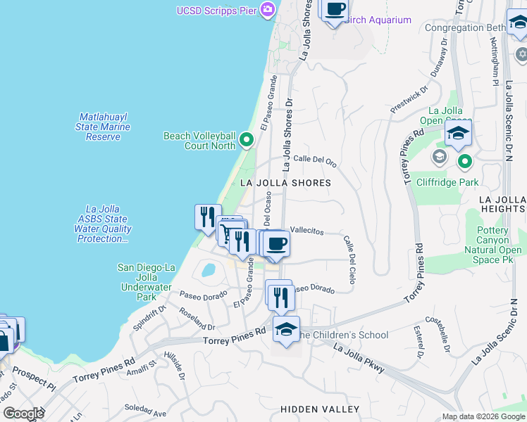 map of restaurants, bars, coffee shops, grocery stores, and more near 8238 Paseo Del Ocaso in San Diego
