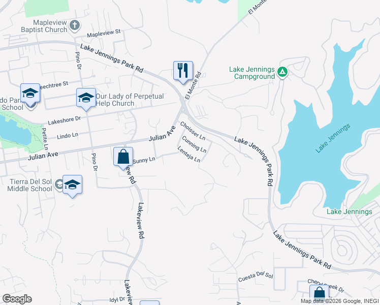 map of restaurants, bars, coffee shops, grocery stores, and more near 13658 Lenteja Lane in Lakeside