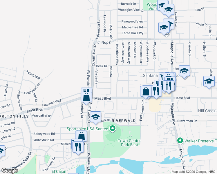 map of restaurants, bars, coffee shops, grocery stores, and more near 9951 Via Mavis in Santee