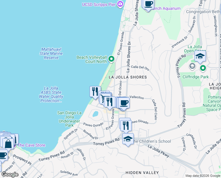 map of restaurants, bars, coffee shops, grocery stores, and more near 8263 Camino Del Oro in San Diego