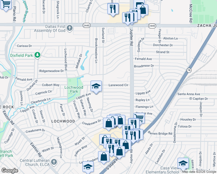 map of restaurants, bars, coffee shops, grocery stores, and more near 11307 Lippitt Avenue in Dallas