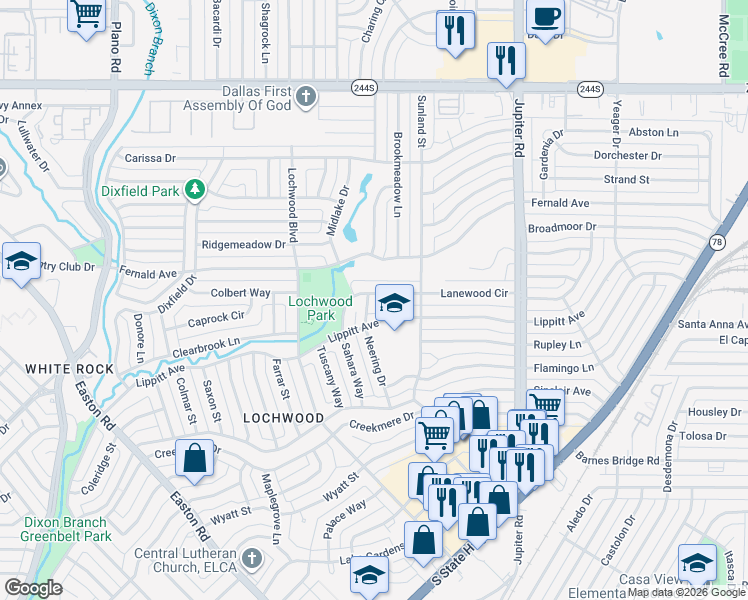 map of restaurants, bars, coffee shops, grocery stores, and more near 11811 Neering Drive in Dallas