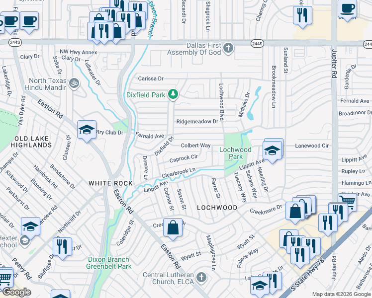 map of restaurants, bars, coffee shops, grocery stores, and more near 10847 Caprock Circle in Dallas