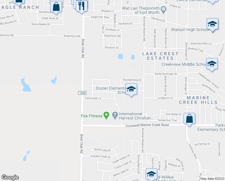 map of restaurants, bars, coffee shops, grocery stores, and more near 6304 Redeagle Creek Drive in Fort Worth