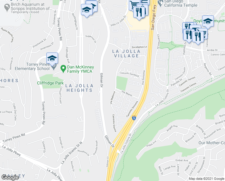 map of restaurants, bars, coffee shops, grocery stores, and more near 8286 Via Mallorca in San Diego