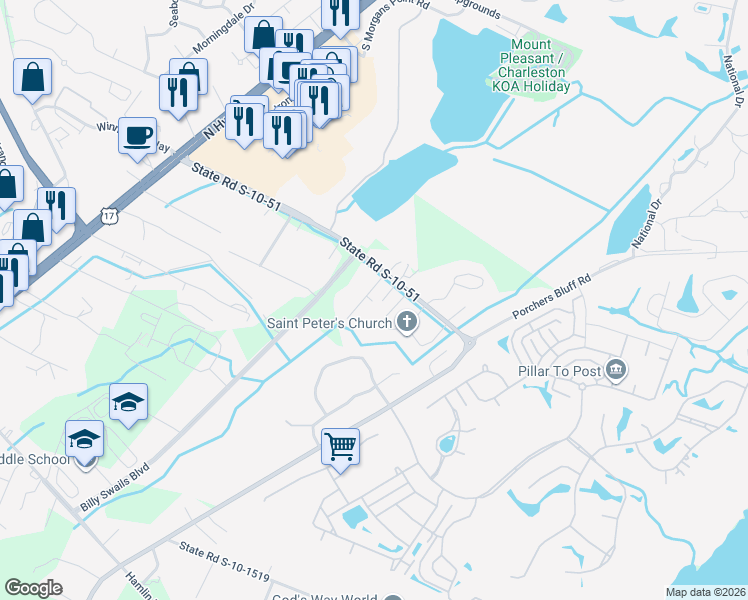 map of restaurants, bars, coffee shops, grocery stores, and more near 2957 Bluff Lane in Mount Pleasant