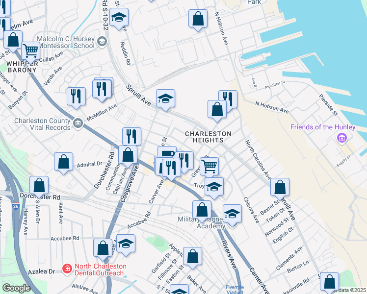 map of restaurants, bars, coffee shops, grocery stores, and more near 3303 Ottawa Avenue in North Charleston