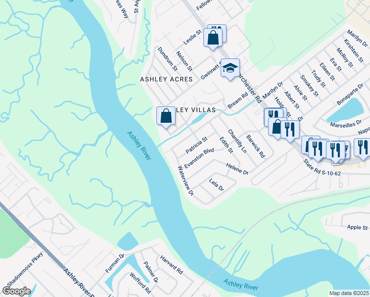 map of restaurants, bars, coffee shops, grocery stores, and more near 4340 Evanston Boulevard in North Charleston