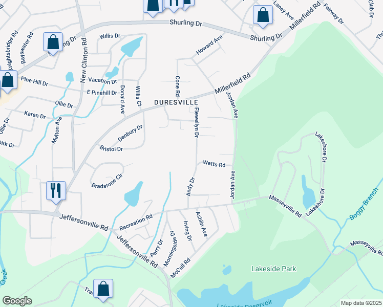 map of restaurants, bars, coffee shops, grocery stores, and more near 2722 Flewellyn Drive in Macon