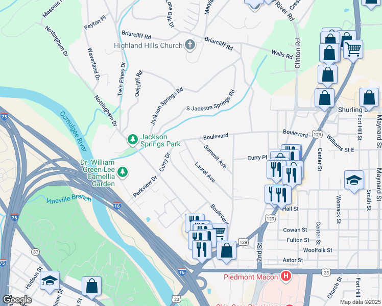 map of restaurants, bars, coffee shops, grocery stores, and more near 920 Laurel Avenue in Macon