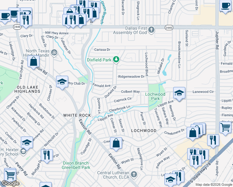 map of restaurants, bars, coffee shops, grocery stores, and more near 10817 Caprock Circle in Dallas