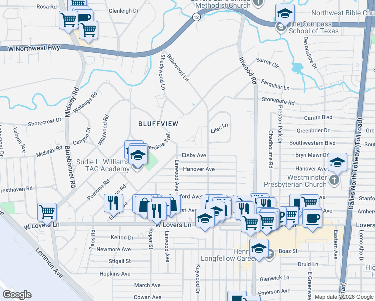 map of restaurants, bars, coffee shops, grocery stores, and more near 4906 Elsby Avenue in Dallas